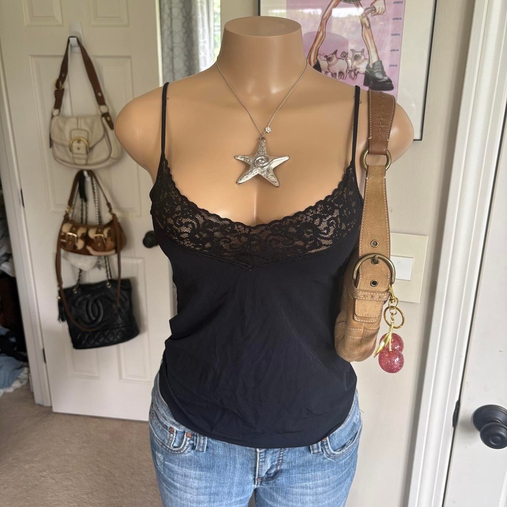 y2k 2000s black lace trim camisole tank top Size S